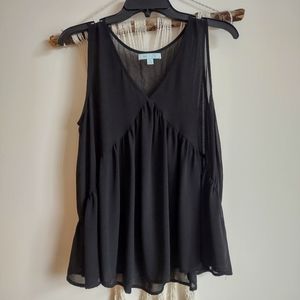 She and Sky Silk Black V-Neck Ruffle Tank